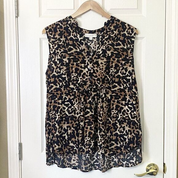 Suzanne Betro Tops - Suzanne Betro Tunic Top Half Placket Bib Sleeveless Lightweight Animal Size 2X